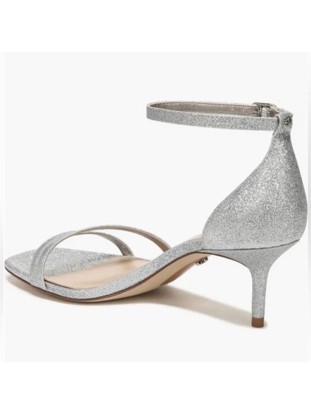 NIB Sam Edelman Peonie Ankle Strap Leather Kitten Heel Sandals in Silver Glitter - Picture 4 of 13